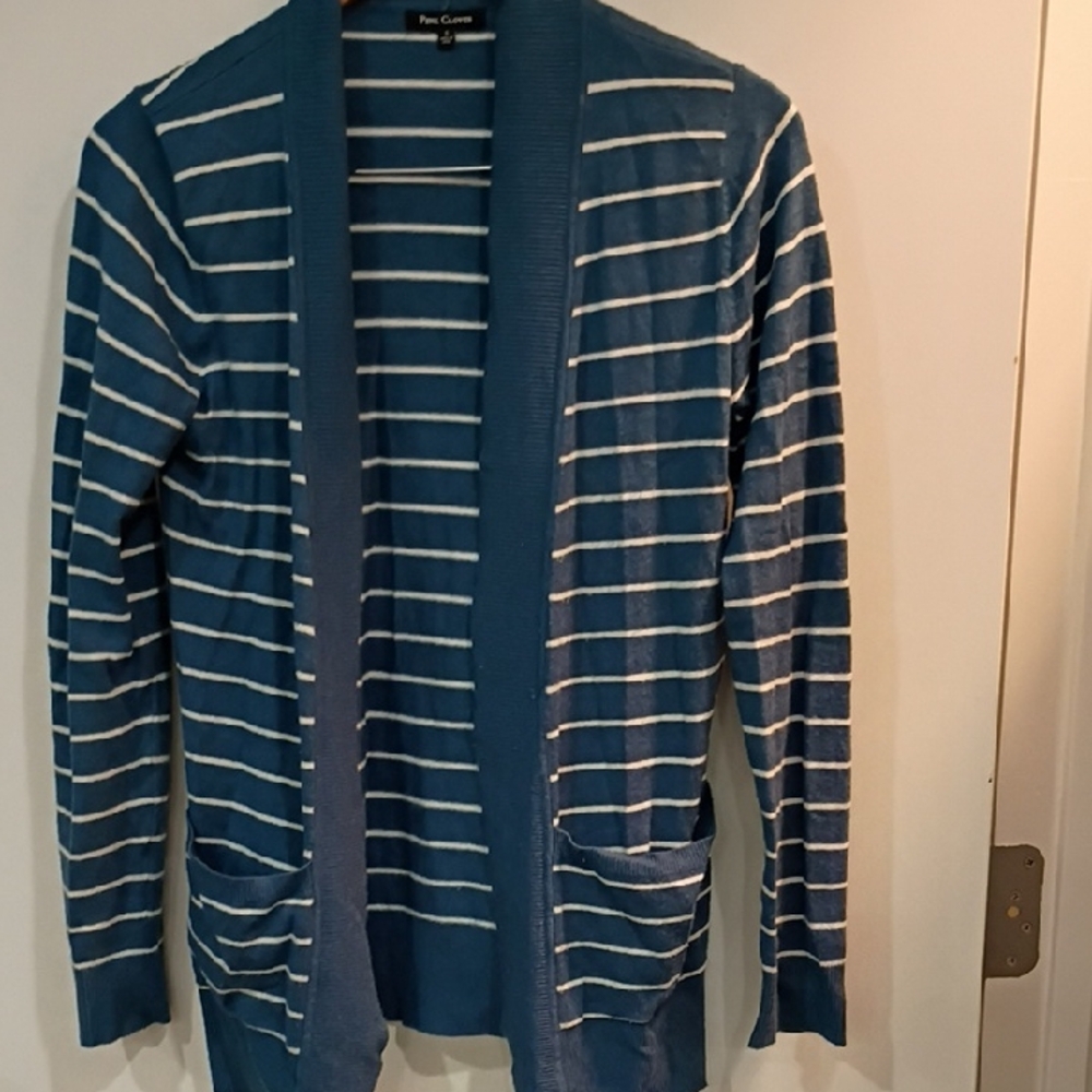 Pink Clover Women's Blue and White Striped Cardigan